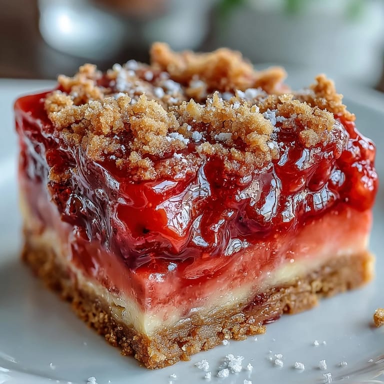 Tangy strawberry lemonade filling atop a golden shortbread base, dusted with powdered sugar for a sweet finish.  