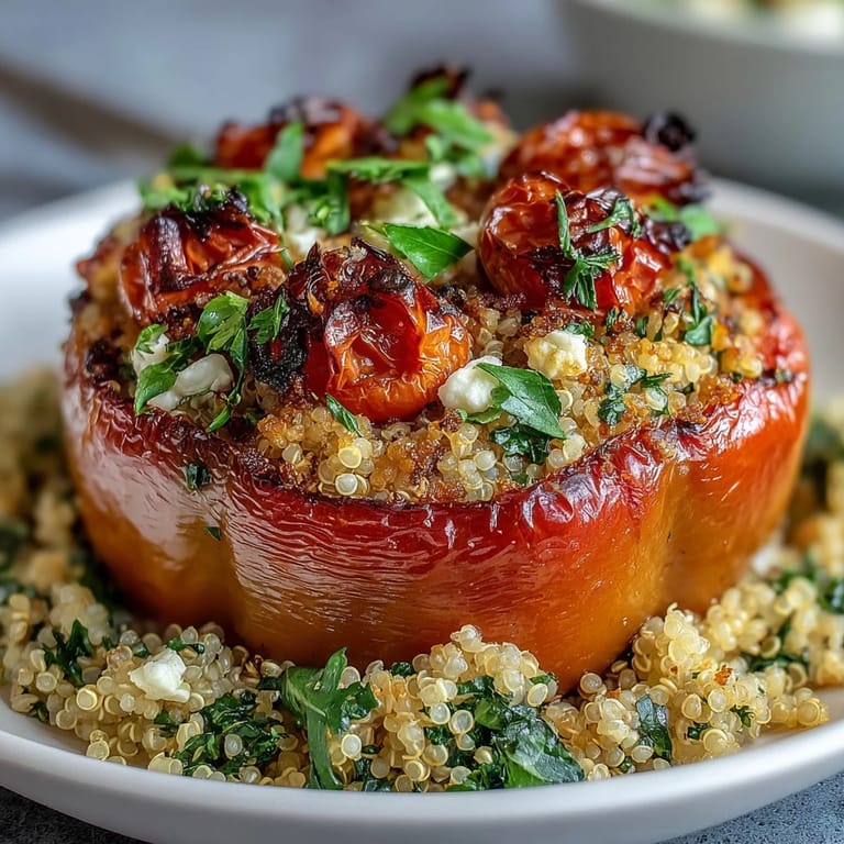 Colorful bell peppers filled with herbed quinoa, zucchini, and tomatoes, topped with feta for a Mediterranean-inspired vegetarian main dish.