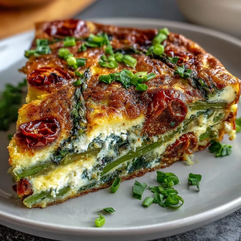 Colorful asparagus and zucchini frittata with creamy goat cheese, cherry tomatoes, and green onions, ready for brunch.
