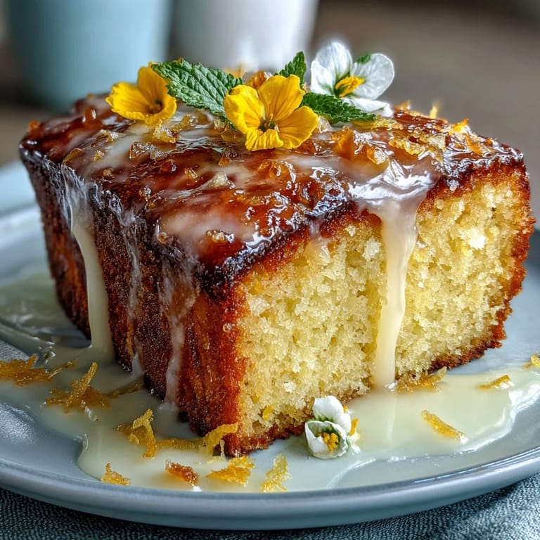 A slice of lemon drizzle cake, drizzled with sweet glaze and adorned with edible flowers, perfect for a bright and cheerful Mothers Day treat.