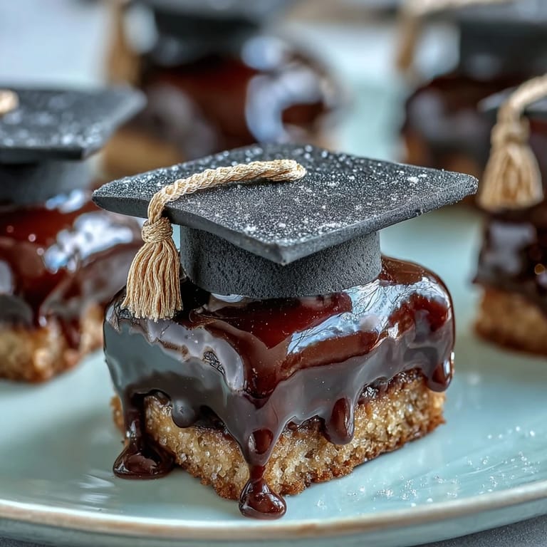 Close-up of Easy Graduation Cookies featuring Black Fondant Mortarboard Toppers and Yellow Tassels