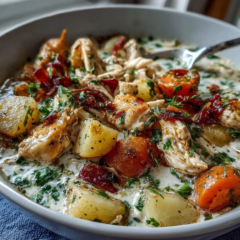 Slow Cooker Chicken Pot Pie Soup featuring hearty chicken, potatoes, and vegetables in a creamy, savory broth.