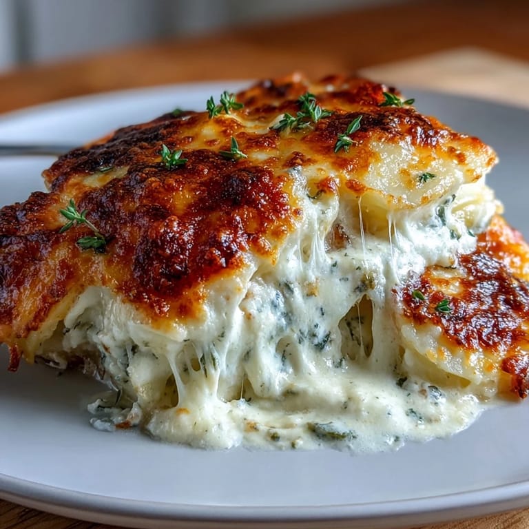 Layers of tender Yukon Gold potatoes baked in a silky Gruyere cream sauce, topped with bubbly melted cheese for the ultimate comfort food casserole.