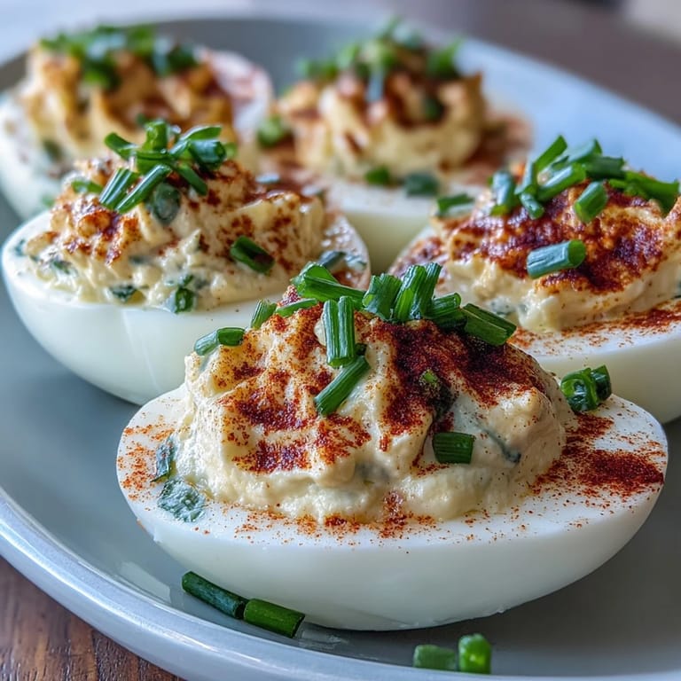 Classic Deviled Eggs with Paprika and Chives: Smooth, tangy deviled egg halves topped with vibrant paprika and fresh chives, perfect for picnics or party platters.