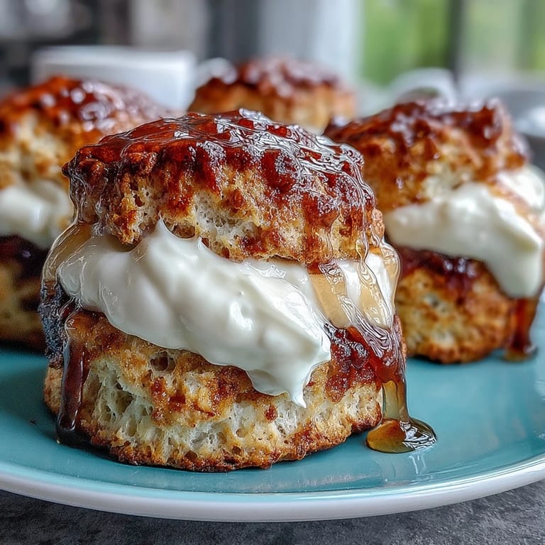 Warm scones drizzled with floral dandelion honey and topped with rich clotted cream for a delightful spring dessert.