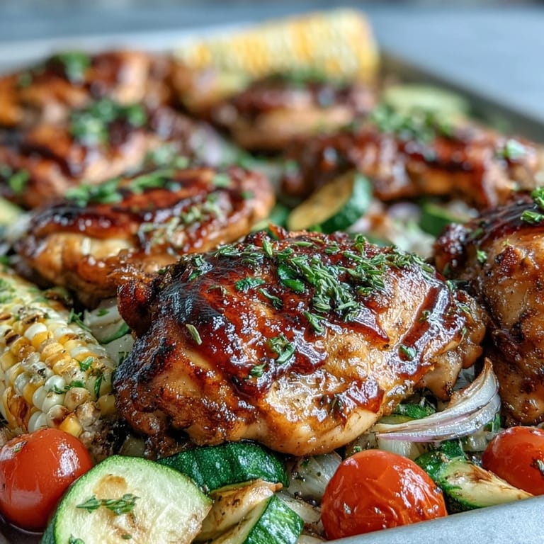 Vibrant roasted chicken, zucchini, and corn combine in a single pan for a healthy, flavorful, and quick weeknight meal.  