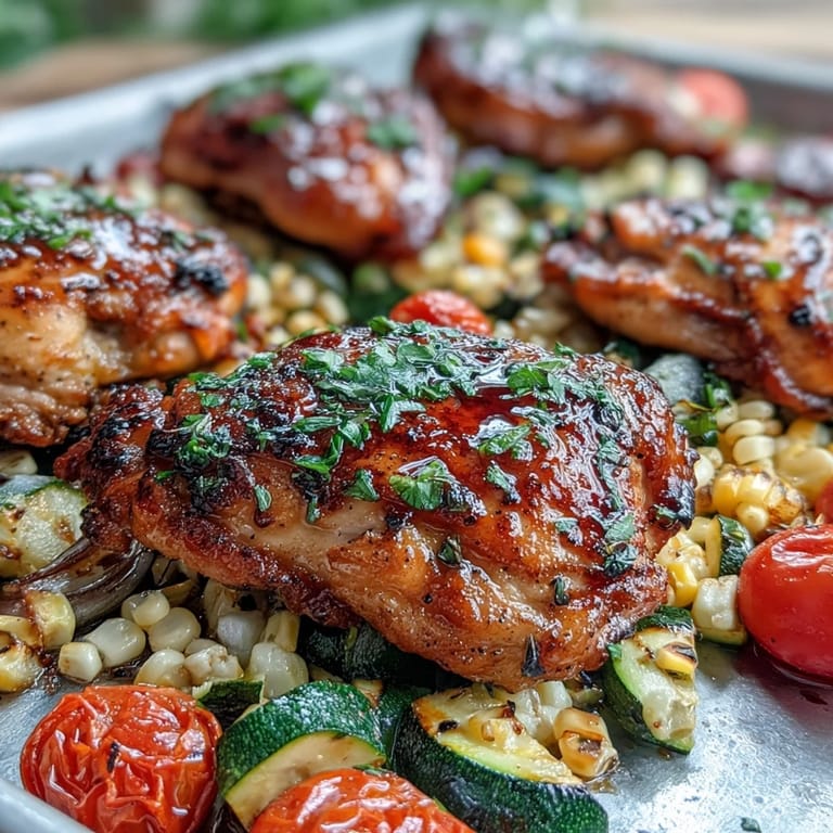 Golden chicken breasts with sweet corn and zucchini, seasoned with herbs and lemon, make a satisfying one-pan dinner.