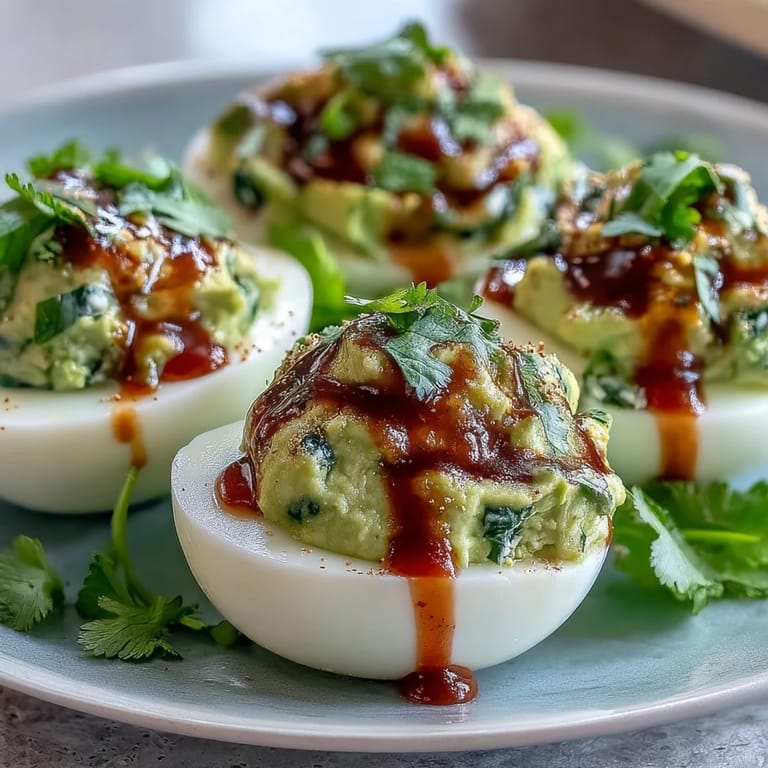 Vibrant deviled eggs filled with avocado-lime mash, topped with fiery Sriracha and fresh cilantro for a zesty twist.