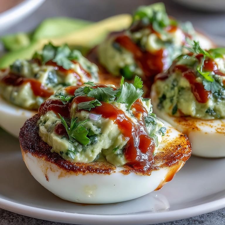 Bright green avocado filling in classic deviled eggs, finished with Sriracha heat and paprika for a flavorful bite.