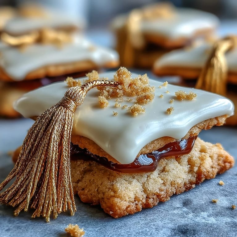 Close-up of elegant Graduation Cookies, diploma and cap shapes with edible gold.