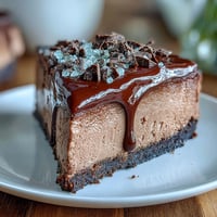 A slice of Lighter Chocolate Cottage Cheese Cheesecake on a white plate, topped with dark chocolate shavings and a dollop of Greek yogurt, showcasing its smooth, dense texture.