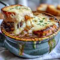 Golden Classic French Onion Soup bubbling in a crock, topped with a thick slice of toasted baguette and melted, golden Gruyère cheese.