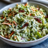 Creamy Coleslaw with crisp shredded cabbage and carrots tossed in tangy dressing, served in a bowl.
