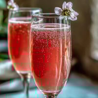 Elderflower Guava Mimosa served in a champagne flute garnished with edible flowers