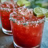 Vibrant pink Guava Margarita in a salt-rimmed glass, garnished with lime and ready to serve over ice.