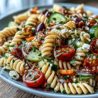 Colorful Memorial Day Pasta Salad bursting with fresh vegetables and zesty Italian dressing.